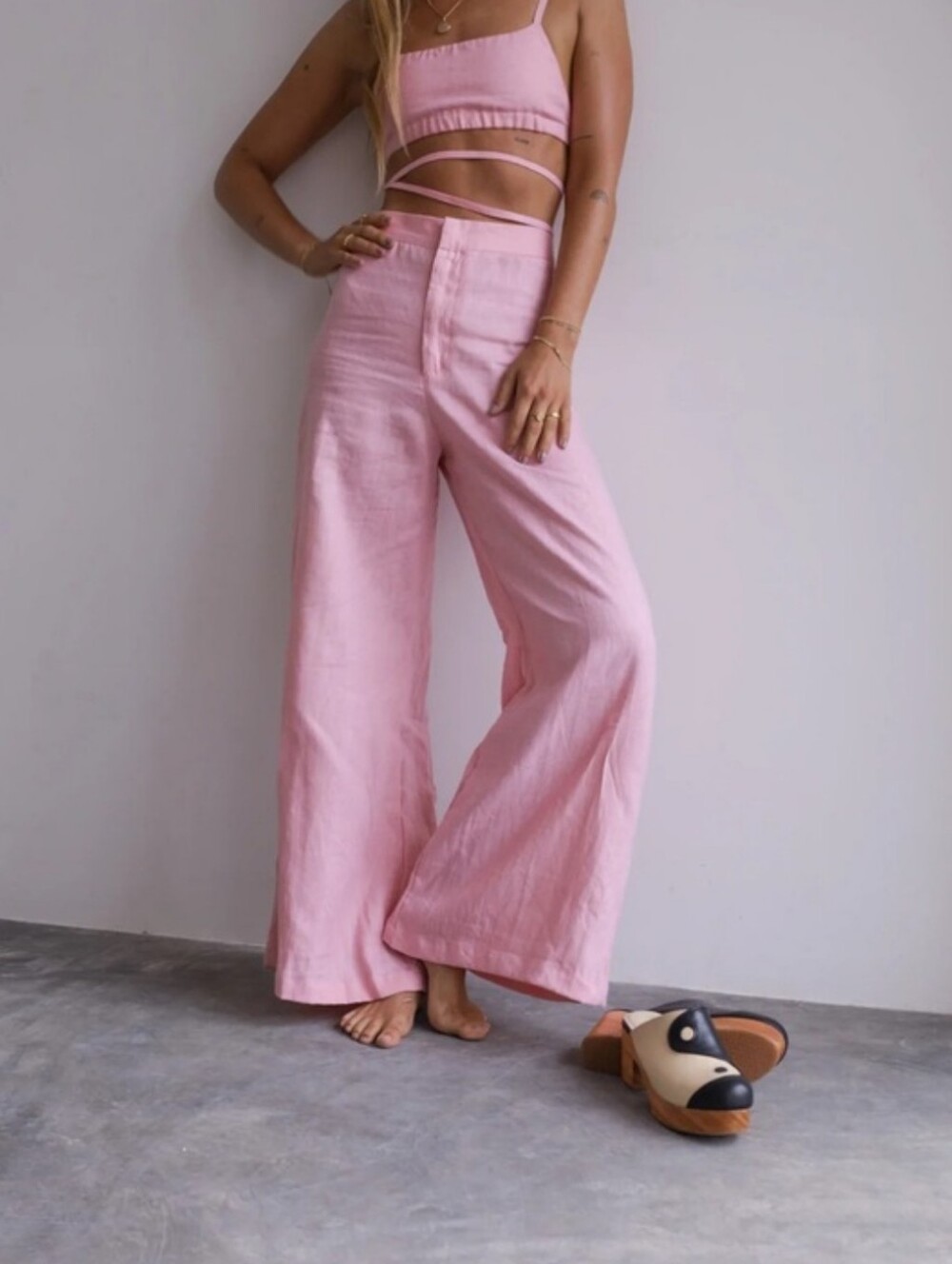 NWOT Balm Wears The Linen Wide Leg Trouser Sz Small High Rise 100% Linen Pink